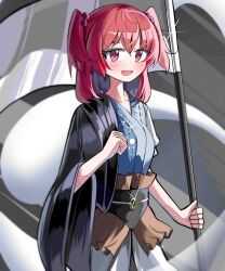 Rule 34 | 1girl, ghost, hair bobbles, hair ornament, highres, holding, holding scythe, looking at viewer, onozuka komachi, open mouth, red eyes, red hair, sash, scythe, short hair, single sidelock, solo, spam (spamham4506), touhou, two side up