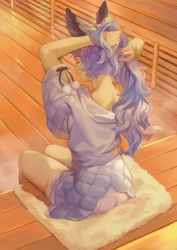 Rule 34 | 1girl, adjusting hair, animal ears, bow, closed eyes, ferry (granblue fantasy), from behind, granblue fantasy, grey bow, highres, holding, holding hair, long hair, nape, ponytail, purple hair, smile, solo, steam, sunao (souis), wooden floor
