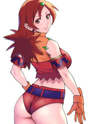 Rule 34 | 1girl, armband, ass, belt, breasts, brown eyes, crop top, from behind, gloves, hair ornament, highres, lips, long hair, looking at viewer, looking back, medium breasts, naomi fluegel, red hair, red shorts, short shorts, shorts, shouji nigou, simple background, sleeveless, smile, solo, standing, white background, zoids, zoids shinseiki/zero