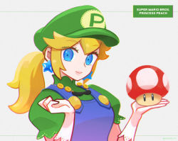 Rule 34 | 1girl, artist name, blonde hair, blue eyes, blue overalls, breasts, character name, closed mouth, coin, copyright name, cosplay, earrings, elbow gloves, eyelashes, fake facial hair, fake mustache, gloves, green hat, green shirt, grey background, hands up, hat, holding, holding mushroom, jewelry, lips, long hair, looking at viewer, luigi, luigi (cosplay), mario (series), mayuzumi, medium breasts, mushroom, necklace, nintendo, open hands, overalls, pink lips, polka dot, ponytail, power-up, princess peach, puffy short sleeves, puffy sleeves, shirt, short sleeves, smile, solo, star (symbol), star earrings, super mario bros. 1, super mushroom, turtleneck, twitter username, upper body, white gloves