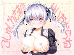 Rule 34 | 1girl, aruciii, bad id, bad pixiv id, blush, breast hold, breasts, breasts out, female focus, lactation, large breasts, long hair, maid, maid headdress, nipples, original, purple eyes, silver hair, solo, twintails