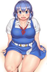 Rule 34 | 1girl, arm support, belt, belt buckle, blue dress, blue eyes, blue hair, blunt bangs, blush, breasts, buckle, cameltoe, collarbone, commentary request, dress, fat step-sister (orizen), feet out of frame, highres, lips, looking at viewer, medium breasts, medium hair, open mouth, original, orizen, panties, plump, shadow, shirt, short sleeves, sidelocks, sitting, smile, solo, tareme, thick thighs, thighs, underwear, white belt, white shirt, wing collar
