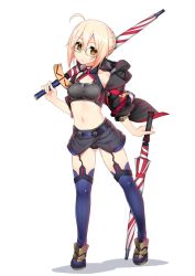 Rule 34 | 1girl, ahoge, artoria pendragon (fate), bare shoulders, black jacket, black panties, blue thighhighs, braid, braided bun, breasts, closed mouth, fate/grand order, fate (series), full body, glasses, grey skirt, hair bun, holding, holding sword, holding umbrella, holding weapon, jacket, looking at viewer, medium breasts, microskirt, mysterious heroine x alter (fate), mysterious heroine x alter (third ascension) (fate), namonashi, navel, open clothes, open jacket, over shoulder, panties, semi-rimless eyewear, simple background, skirt, solo, sword, sword over shoulder, thighhighs, umbrella, under-rim eyewear, underwear, weapon, weapon over shoulder, white background, yellow eyes