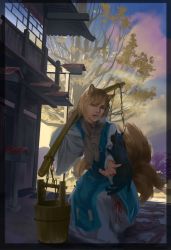 Rule 34 | 1girl, animal ears, animal on arm, architecture, black border, blonde hair, blue sky, border, breath, brown scarf, bucket, carrying pole, cat on person, chain, chen, chen (cat), cloud, cobblestone, commentary request, day, dress, earrings, east asian architecture, fox ears, fox tail, hidebo, highres, jewelry, lips, looking down, lower teeth only, multiple tails, nekomata, no headwear, nose, open mouth, outdoors, outstretched arm, parted lips, scarf, short hair, single earring, sky, solo, squatting, tabard, tail, teeth, touhou, tree, two tails, white dress, yakumo ran