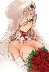 Rule 34 | 1girl, bare shoulders, beret, blush, bouquet, bow, braid, breasts, bridal veil, cleavage, closed mouth, detached collar, dress, flower, g36c (girls&#039; frontline), girls&#039; frontline, hair over one eye, hat, holding, holding bouquet, large breasts, long hair, looking at viewer, peanutc, purple eyes, red flower, red rose, rose, see-through, side braid, silver hair, simple background, smile, solo, strapless, strapless dress, upper body, veil, white background, white bow, white dress, white hat, white neckwear