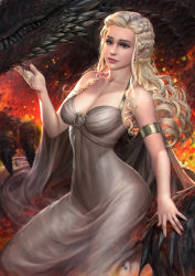 Rule 34 | 1girl, a song of ice and fire, armlet, bad id, bad pixiv id, blonde hair, blue eyes, braid, breasts, cleavage, closed mouth, daenerys targaryen, dragon, dress, game of thrones, lips, long hair, looking at viewer, medium breasts, nail polish, neoartcore, sitting, solo, white dress