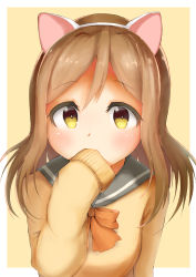 Rule 34 | 10s, 1girl, absurdres, animal ears, blush, border, bow, bowtie, brown hair, cat ears, clothes in mouth, fake animal ears, hand to own mouth, headband, highres, kunikida hanamaru, long hair, long sleeves, love live!, love live! sunshine!!, outside border, red bow, red bowtie, sashimi0gou, school uniform, serafuku, simple background, sleeves past wrists, solo, tareme, upper body, white border, yellow background, yellow eyes