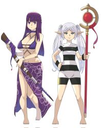 Rule 34 | 2girls, alternate costume, bikini, blunt bangs, breasts, commentary, covered navel, english commentary, fern (sousou no frieren), flat chest, frieren, full body, green eyes, highres, holding, holding staff, large breasts, long hair, multiple girls, one-piece swimsuit, pointy ears, purple bikini, purple eyes, purple hair, purple pupils, purple skirt, simple background, skirt, smile, sousou no frieren, staff, straight hair, striped clothes, striped one-piece swimsuit, swimsuit, twintails, wanderjegson, white background, white hair
