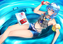 Rule 34 | 1girl, belt, bikini, blue eyes, blue hair, blue nails, blush, braid, breasts, choker, cropped vest, crossed legs, denim, denim shorts, dessert, earrings, feet out of frame, food, food in mouth, fruit, hair between eyes, hand on headwear, highres, hololive, hoshimachi suisei, hoshimachi suisei (1st costume), inflatable raft, jewelry, legs, looking at viewer, lying, medium hair, mouth hold, nail polish, navel, on back, plaid, plaid vest, pocky, saco (cgmore), scrunchie, shorts, small breasts, solo, star (symbol), star earrings, star in eye, swimsuit, symbol in eye, tray, twin braids, vest, virtual youtuber, visor cap, water, wrist scrunchie