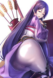 Rule 34 | 1girl, ass, bodystocking, bodysuit, breasts, cameltoe, cleft of venus, fate/grand order, fate (series), half-closed eyes, huge ass, huge breasts, iro ame (amewaagada), long hair, looking at viewer, looking back, minamoto no raikou (fate), parted bangs, purple eyes, purple hair, skin tight, smile, solo, thighs, very long hair