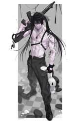 Rule 34 | 1boy, abs, absurdres, black hair, black pants, boots, closed mouth, facial scar, gun, gyuing666, highres, holding, holding gun, holding stuffed toy, holding weapon, jewelry, long hair, male focus, muscular, muscular male, navel, necklace, original, pants, pectorals, scar, scar on cheek, scar on face, smile, solo, stuffed animal, stuffed toy, topless male, twintails, weapon