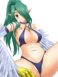 Rule 34 | 1girl, bare shoulders, blue panties, blush, body blush, breasts, chain, choker, circlet, claws, cleavage, collarbone, duel monster, female focus, green hair, groin, hair over one eye, halterneck, harpie queen, harpy, igusa (pixiv256267), large breasts, light smile, long hair, looking at viewer, monster girl, navel, panties, pointy ears, ponytail, shiny skin, simple background, solo, spread legs, talons, thighs, thong, underwear, white background, wings, yu-gi-oh!, yu-gi-oh! duel monsters