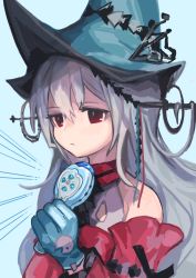 Rule 34 | 1girl, absurdres, aqua hat, arknights, ascot, black ascot, blue background, blue gloves, buchi0122, detached sleeves, dress, gloves, hair between eyes, hand up, hat, hat ornament, headgear, highres, holding, long hair, red dress, red eyes, red sleeves, simple background, skadi (arknights), skadi the corrupting heart (arknights), sleeveless, sleeveless dress, solo, upper body, very long hair