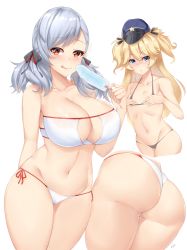 Rule 34 | 2girls, ;d, ass, bikini, blonde hair, blue eyes, breasts, embarrassed, food, girls&#039; frontline, hair ribbon, huge ass, kuavera, large breasts, long hair, looking at viewer, lowleg, lowleg bikini, micro bikini, multiple girls, official alternate costume, one eye closed, open mouth, popsicle, red eyes, ribbon, side-tie bikini bottom, silver hair, small breasts, smile, spas-12 (girls&#039; frontline), spas-12 (midsummer fruit) (girls&#039; frontline), super-shorty (girls&#039; frontline), swimsuit, thick thighs, thighs, tongue, twintails, two side up, wide hips