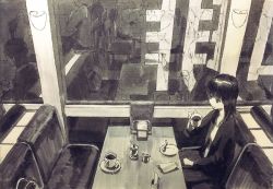 Rule 34 | 1girl, bag, blurry, building, cafe, city, coffee, coffee cup, commentary request, cup, dated, disposable cup, empty eyes, handbag, highres, holding, indoors, long hair, menu, millipen (medium), mixed media, nib pen (medium), night, original, reflection, saucer, scenery, sepia, signature, sitting, sketch, spoon, sugar cube, table, texture, tokunaga akimasa, traditional media, window