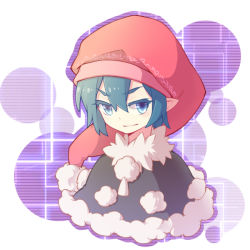 Rule 34 | &gt;:), 1girl, blue eyes, blue hair, closed mouth, commentary, doremy sweet, dress, fur trim, hat, ko kita, looking at viewer, matching hair/eyes, nightcap, pointy ears, pom pom (clothes), short hair, smile, solo, touhou, upper body, v-shaped eyebrows