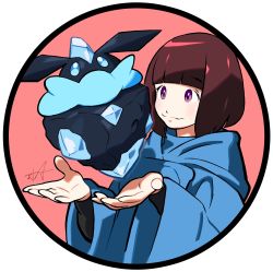 Rule 34 | 1girl, alternate color, bad id, bad twitter id, blunt bangs, bob cut, brown hair, carbink, character request, circle, cloak, closed mouth, creatures (company), game freak, gem, gen 6 pokemon, highres, long sleeves, looking at another, nintendo, pokemon, pokemon (creature), pokemon xy, purple eyes, rock, shiny pokemon, short hair, signature, simple background, smile, tokiya, white background