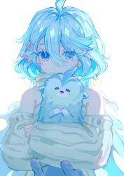 Rule 34 | 1girl, animal, animal hug, bare shoulders, blue eyes, blue hair, bow, commentary, contemporary, covered mouth, furina (genshin impact), genshin impact, hair bow, hair ornament, hairclip, heterochromia, highres, light blush, long hair, looking at viewer, malfuncio, off-shoulder sweater, off shoulder, pink bow, simple background, solo, sweater, upper body, white background