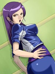 Rule 34 | 1girl, angry, ass, breasts, covered erect nipples, crop top, digimon, digimon savers, earrings, from behind, hand on own hip, jacket, jewelry, kurosaki miki, large breasts, lipstick, little cheat-ya, long hair, looking back, makeup, mature female, miniskirt, onda takeshi, open mouth, orange eyes, pencil skirt, purple hair, shadow, shiny clothes, skin tight, skirt, solo, spandex, standing, yellow eyes