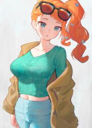 Rule 34 | 1girl, :o, aqua eyes, aqua sweater, blue pants, breasts, brown jacket, commentary, creatures (company), eyewear on head, game freak, grey background, hair ornament, highres, jacket, large breasts, long hair, looking at viewer, midriff, navel, nintendo, off shoulder, orange hair, pants, pokemon, pokemon swsh, side ponytail, simple background, solo, sonia (pokemon), sunglasses, sweater, yosame0a