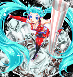 Rule 34 | 1girl, aqua eyes, aqua hair, bracelet, cola miku, drinking straw, elbow gloves, fingerless gloves, from above, glass, gloves, hatsune miku, headphones, headset, ice, jewelry, long hair, looking at viewer, mini person, minigirl, necklace, skirt, smile, solo, tomabo, twintails, very long hair, vocaloid