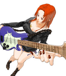 Rule 34 | 1girl, bad id, bad pixiv id, breasts, cleavage, electric guitar, foreshortening, guitar, instrument, kyuusugi toku, large breasts, long hair, nail art, nail polish, panties, red hair, red nails, side-tie panties, solo, striped clothes, striped panties, underwear