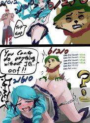 Rule 34 | 1girl, 2boys, ahegao, all fours, aqua hair, ass, ass grab, blush, breast press, breasts, clothed female nude male, clothed sex, colored skin, doggystyle, english text, grabbing, grabbing another&#039;s ass, grabbing from behind, gwen (league of legends), instant loss, interspecies, league of legends, long hair, medium breasts, multiple boys, nipples, nude, open mouth, sex, sex from behind, simple background, speech bubble, teemo, tongue, tongue out, top-down bottom-up, twintails