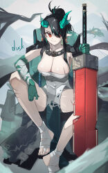 Rule 34 | 1girl, absurdres, adapted costume, arknights, bandaged foot, bandages, black hair, breasts, chain, character name, cleavage, commentary, dress, dusk (arknights), earrings, grey dress, highres, holding, holding sword, holding weapon, horns, jewelry, large breasts, long hair, pelvic curtain, plabit, pointy ears, red eyes, scar, scar on breasts, sitting, solo, strapless, strapless dress, sword, thighs, weapon