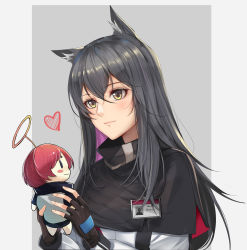 Rule 34 | 1girl, absurdres, animal ear fluff, animal ears, arknights, black capelet, black gloves, black hair, blush, breasts, capelet, character doll, chinese commentary, closed mouth, doll, exusiai (arknights), eyelashes, fingerless gloves, gloves, grey background, hair between eyes, heart, highres, holding, holding doll, jacket, lan yu, light smile, lips, long hair, name tag, simple background, small breasts, smile, solo, texas (arknights), upper body, white jacket, wolf ears, yellow eyes
