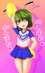 Rule 34 | 1860 (ichi), 1girl, alternate costume, antennae, arm up, bare legs, blue eyes, cheerleader, clothes writing, colored shadow, copyright name, green hair, hand on own hip, one eye closed, open mouth, pink background, pleated skirt, pom pom (cheerleading), shadow, short hair, simple background, skirt, solo, touhou, wriggle nightbug