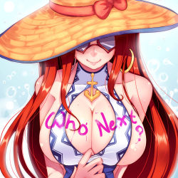 Rule 34 | 1girl, body writing, bow, breasts, cleavage, cleavage cutout, clothing cutout, darklux, earrings, hat, highres, hoop earrings, jewelry, large breasts, league of legends, long hair, miss fortune (league of legends), pool party miss fortune, purple-tinted eyewear, red bow, red hair, sideboob, smile, solo, straw hat, sunglasses, swimsuit, tinted eyewear, upper body