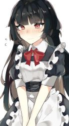 Rule 34 | 1girl, alternate costume, aogisa, apron, bad id, bad pixiv id, black dress, black hair, blunt bangs, blush, closed mouth, dress, frilled apron, frills, girls&#039; frontline, highres, long hair, looking down, maid, maid apron, own hands together, red eyes, red ribbon, ribbon, short sleeves, simple background, solo, type 100 (girls&#039; frontline), upper body, white apron, white background