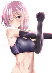 Rule 34 | 1girl, :o, armpit peek, black gloves, breath, elbow gloves, fate/grand order, fate (series), gloves, hair over one eye, looking at viewer, mash kyrielight, navel, open mouth, purple eyes, purple hair, short hair, simple background, solo, sports bra, stretching, tai (nazutai), upper body, white background
