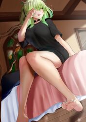 Rule 34 | 1girl, antlers, bare legs, barefoot, black shirt, breasts, ceres fauna, green hair, hair ornament, highres, hololive, hololive english, horns, large breasts, long hair, redi (rasec asdjh), rubbing eyes, shirt, sitting, sleepy, t-shirt, toes, virtual youtuber, waking up, yellow eyes