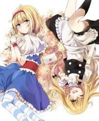 Rule 34 | 2girls, absurdres, alice margatroid, apron, autumn leaves, blonde hair, blue dress, blue eyes, braid, capelet, dress, fang, hairband, highres, izumi4195202, kirisame marisa, letter, lolita hairband, long hair, looking at viewer, love letter, lying, multiple girls, no headwear, on back, on side, one eye closed, open mouth, pantyhose, pointing, pointing at viewer, puffy short sleeves, puffy sleeves, sash, shirt, short sleeves, single braid, skirt, skirt set, smile, striped clothes, striped legwear, striped pantyhose, touhou, upside-down, very long hair, waist apron, wrist cuffs, yellow eyes