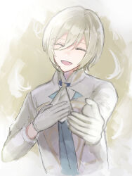 Rule 34 | 1boy, ascot, blonde hair, blue jacket, closed eyes, ensemble stars!, gloves, gold jacket, hand on own chest, highres, jacket, male focus, multicolored background, multicolored clothes, multicolored jacket, ntec231, open mouth, short hair, smile, solo, tenshouin eichi, white ascot, white background, white gloves, white jacket, yellow background