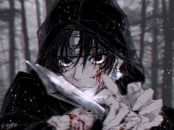 Rule 34 | 1boy, bandaged head, bandages, blood, blood on face, blood on hands, blurry, chrollo lucilfer, closed mouth, cuts, dagger, dated, depth of field, earrings, fighting stance, forest, glint, hair over eyes, headband, highres, holding, holding dagger, holding knife, holding weapon, hood, hood up, hoodie, hunter x hunter, injury, jewelry, kana129, knife, male focus, nature, reverse grip, short hair, signature, snowing, solo, spot color, weapon