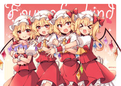Rule 34 | &gt; &lt;, 4girls, ascot, blonde hair, blush, character doll, collared shirt, crystal, fangs, flandre scarlet, frilled shirt collar, frills, hat, kirero, long hair, mob cap, multiple girls, multiple persona, one side up, open mouth, red eyes, red skirt, red vest, remilia scarlet, shirt, skirt, smile, touhou, twitter username, vest, white headwear, white shirt, wings, yellow ascot