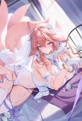 Rule 34 | 1girl, absurdres, alternate costume, animal ears, bed, blush, bow, breasts, bridal lingerie, bridal veil, curtains, earrings, floppy ears, flower, fox ears, fox tail, garter straps, gem, genshin impact, gloves, hair between eyes, hands up, highres, houkisei, indoors, jewelry, large breasts, leaf, lingerie, long hair, looking at viewer, lying, multiple tails, navel, on bed, on side, parted lips, petals, pink hair, purple bow, purple eyes, purple gemstone, purple ribbon, ribbon, rose, shadow, solo, tail, teeth, thighhighs, twisted torso, underwear, veil, vision (genshin impact), white flower, white garter straps, white gloves, white rose, white thighhighs, window, yae miko
