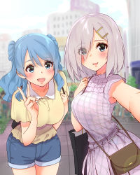 Rule 34 | 2girls, absurdres, alternate costume, bag, between breasts, blue eyes, blue hair, blush, breasts, building, casual, collarbone, dress, eyes visible through hair, hair ornament, hair over one eye, hairpin, hamakaze (kancolle), handbag, highres, kantai collection, large breasts, leaning forward, line (naver), looking at viewer, multiple girls, one eye covered, open mouth, reaching, reaching towards viewer, sarfata, selfie, shopping bag, short hair, short shorts, shorts, sky, smile, standing, strap between breasts, urakaze (kancolle), v, white hair
