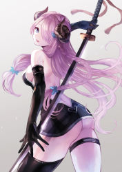 Rule 34 | 1girl, arm up, ass, bad id, bad pixiv id, bare shoulders, black gloves, black thighhighs, blue eyes, braid, breasts, cowboy shot, draph, elbow gloves, from behind, gloves, gradient background, granblue fantasy, hair between eyes, hair ornament, hair over one eye, holding, holding sword, holding weapon, horns, katana, large breasts, long hair, long sword, narmaya (granblue fantasy), natsuiro xx, parted lips, pink hair, single thighhigh, solo, sword, thigh strap, thighhighs, very long hair, weapon