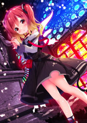 Rule 34 | 1girl, bare shoulders, black dress, blush, brown hair, chinomaron, commentary request, detached wings, dress, feet out of frame, gochuumon wa usagi desu ka?, gradient hair, highres, indoors, interlocked fingers, long hair, looking at viewer, multicolored hair, natsu megumi, off-shoulder dress, off shoulder, own hands clasped, own hands together, parted lips, red eyes, red hair, red socks, red wings, socks, solo, stained glass, standing, two side up, wings