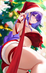 Rule 34 | 1girl, alternate costume, ass, blurry, blurry background, bow, bow bra, bra, braid, breasts, christmas, christmas lights, christmas tree, closed mouth, dutch angle, earrings, from below, fur-trimmed shorts, fur trim, genshin impact, hair between eyes, hat, highres, holding, holding ribbon, jewelry, large breasts, leash, leg ribbon, liu liaoliao, long hair, looking at viewer, low-braided long hair, low-tied long hair, mole, mole under eye, nail polish, pom pom (clothes), pov, purple eyes, purple hair, purple nails, raiden shogun, red bow, red hat, red ribbon, red shorts, ribbon, ribbon bra, santa hat, short shorts, shorts, sidelocks, single braid, skindentation, smile, star (symbol), star earrings, thighs, underwear, very long hair, viewer on leash, wrist ribbon