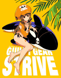 Rule 34 | 1girl, absurdres, brown eyes, brown hair, cabbie hat, guilty gear, guilty gear strive, hat, hat ornament, highres, hood, hoodie, looking at viewer, may (guilty gear), orange headwear, orange hoodie, samecan fa, skull and crossbones, skull hat ornament, sunglasses, yellow background