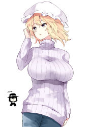 Rule 34 | 2girls, bad id, bad twitter id, blonde hair, blue pants, breasts, casual, commentary request, deetamu, hand up, hat, highres, large breasts, long sleeves, looking to the side, maribel hearn, mob cap, multiple girls, pants, ribbed sweater, short hair, simple background, sweater, touhou, turtleneck, turtleneck sweater, usami renko, white headwear, white sweater