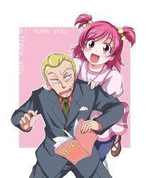 Rule 34 | 00s, 1boy, 1girl, :d, blonde hair, blush, book, bunbee, bunbee (yes! precure 5), formal, happy, matsushima kei, necktie, open mouth, pants, pink background, pink hair, precure, purple eyes, short hair, short twintails, skirt, smile, suit, twintails, two side up, yes! precure 5, yumehara nozomi