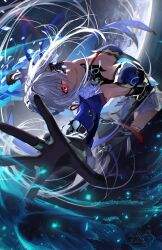 Rule 34 | 1girl, absurdres, black gloves, blue dress, closed mouth, detached sleeves, dress, dynamic pose, expressionless, flower, full body, gloves, grey hair, hair between eyes, highres, holding, honkai: star rail, honkai (series), jewelry, jingliu (honkai: star rail), long hair, looking at viewer, meltyrice, moon, one eye covered, outstretched hand, red eyes, ring, sidelocks, signature, skirt, solo