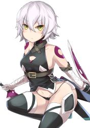 Rule 34 | 1girl, bandaged arm, bandages, belt, belt buckle, black belt, black gloves, black panties, black thighhighs, breasts, buckle, dagger, fate/apocrypha, fate/grand order, fate (series), gloves, green eyes, highres, holding, holding weapon, jack the ripper (fate/apocrypha), knife, looking at viewer, looking down, medium breasts, nanakaku, navel, panties, short hair, silver hair, solo, thighhighs, underwear, weapon