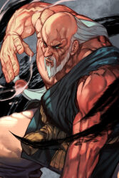 Rule 34 | 1boy, bald, beard, brown eyes, capcom, facial hair, feet out of frame, gouken, hungry clicker, long hair, muscular, muscular male, mustache, old, old man, parted lips, pectorals, rope, scar, scar on face, scar on forehead, solo, street fighter, street fighter iv (series), veins, veiny arms, white hair