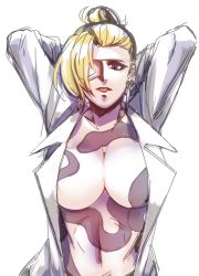 Rule 34 | 1girl, absurdres, arms behind head, blonde hair, breasts, eyepatch, hair bun, highres, large breasts, lips, lipstick, looking at viewer, makeup, mature (kof), navel, no bra, office lady, open clothes, single hair bun, snk, solo, tattoo, the king of fighters, the king of fighters xiii
